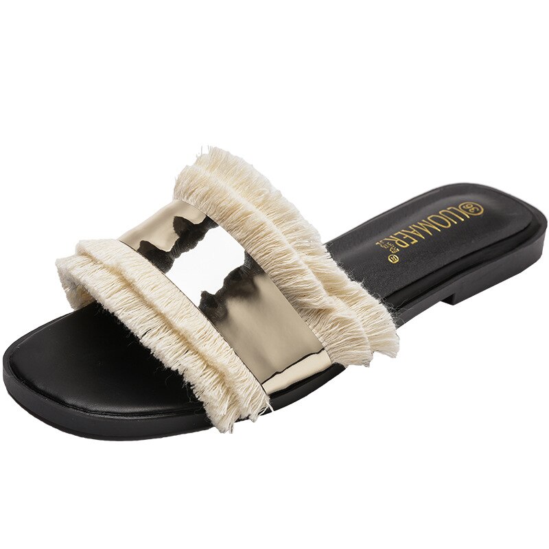 famous brand gold band tassel sandals women flats heel metal decoration slippers double layer fringe flip flops big size 259