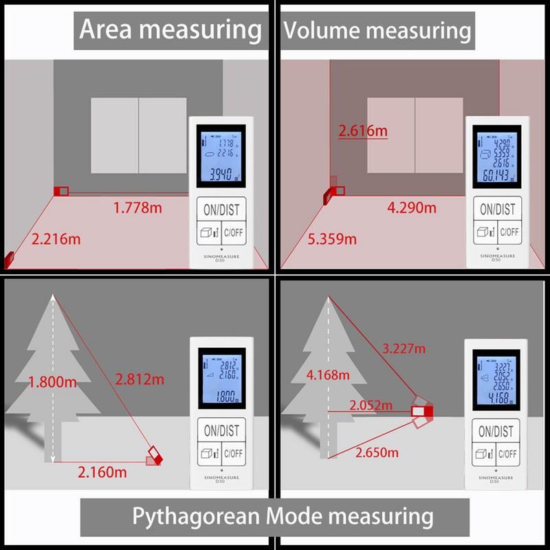 Mini infrarød afstandsmåler usb genopladelig 30m håndholdt ir elektronisk lineal  d30 baggrundsbelyst lcd pythagorean mode måle afstand