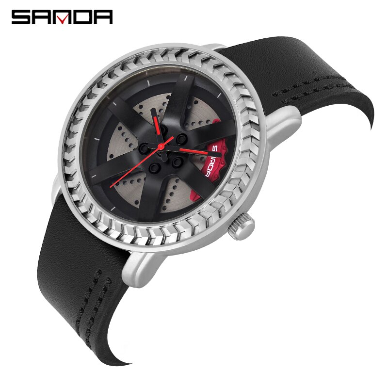 Sanda herenhorloge waterdicht autowiel wijzerplaat horloges roestvrij kwarts polshorloge relogio masculino: Leer zilver