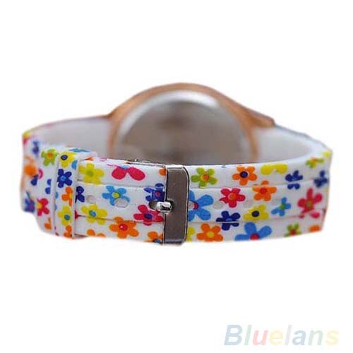 Mode Vrouwen Bloemenprint Silicon Band Arabische Cijfers Wijzerplaat Quartz Horloge Armband