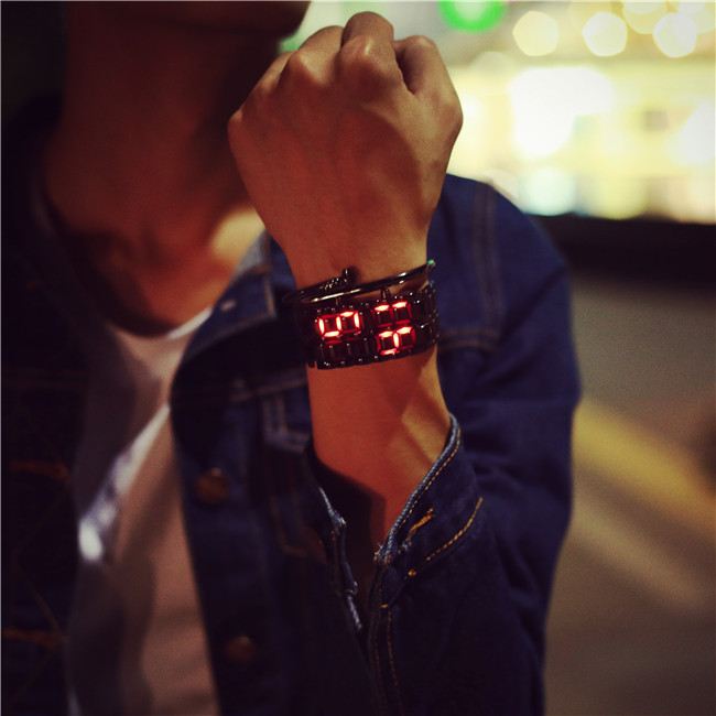 LED Light Men Women Digital Wristwatches Korean Style Male Female Electronic Clock Casual Couple Bracelet Watch: black red 20mm