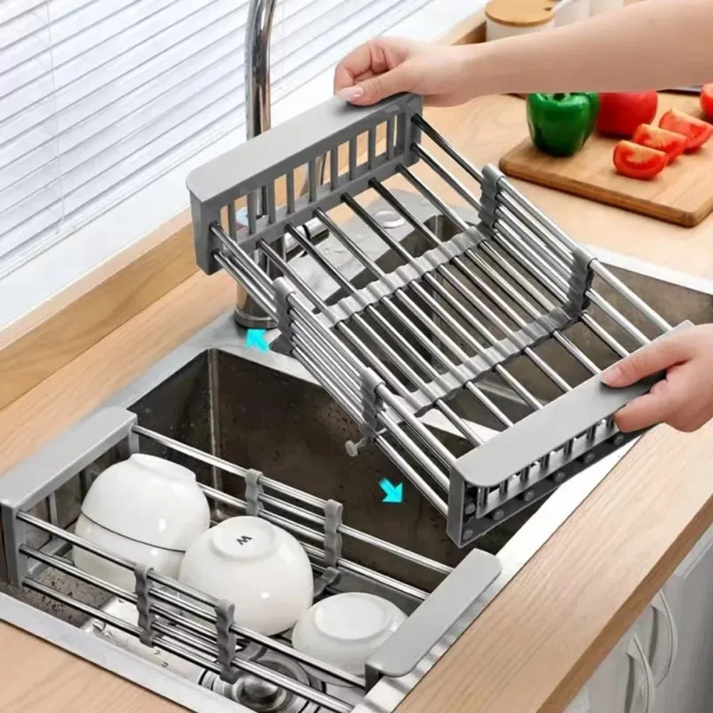 Escurridor de platos ajustable, escurridor telescópico de acero inoxidable, organizador de cocina para frutas y verduras, desagüe para fregadero perfecto para la mayoría de los fregaderos