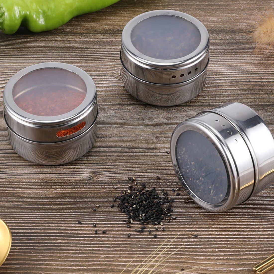 Magnetic Spice Can Set With Stickers Stainless Steel Spice Tins Spice Storage Container Pepper Seasoning Sprays Tools Spice Jar