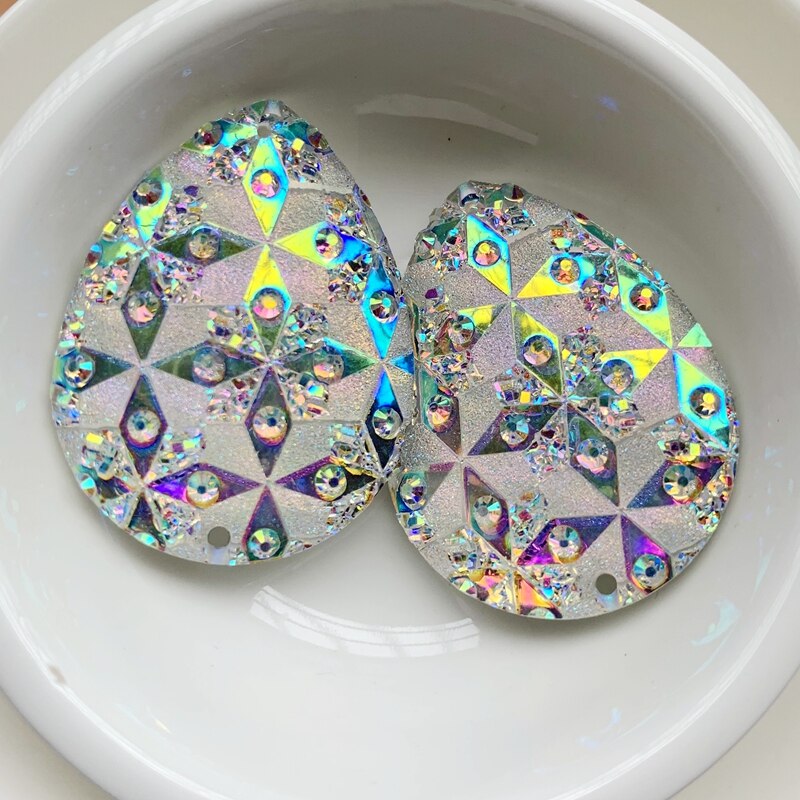 30*40Mmresin Naaien Strass Voor Inheemse Kraal Werk Ronde Crystal Ab Hars Edelstenen Cabochon 2 Holes18 Stukken/Lot