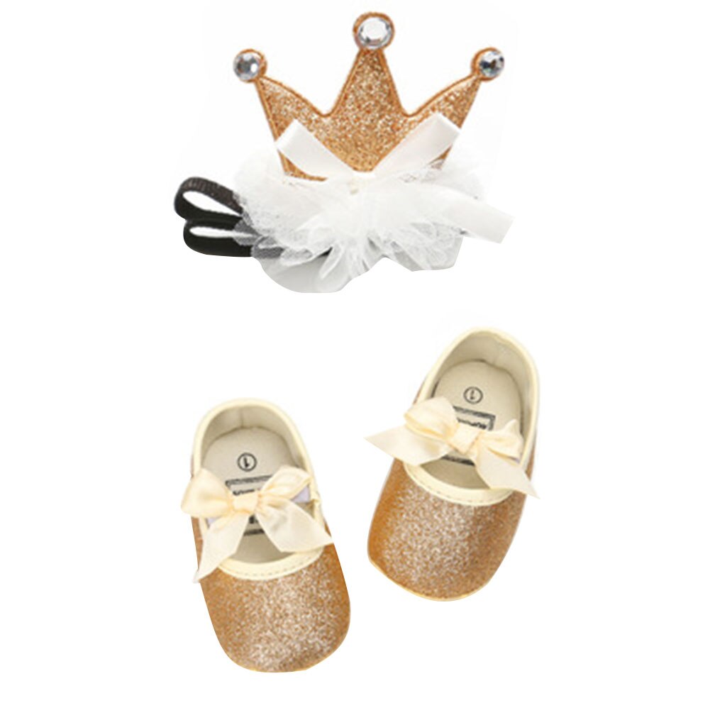 Baby flickor pu first walker skor mjuk sula halkfria skor paljett fast söta resårskor + kronhårband set 0-12m: Guld- / 13-18 månader