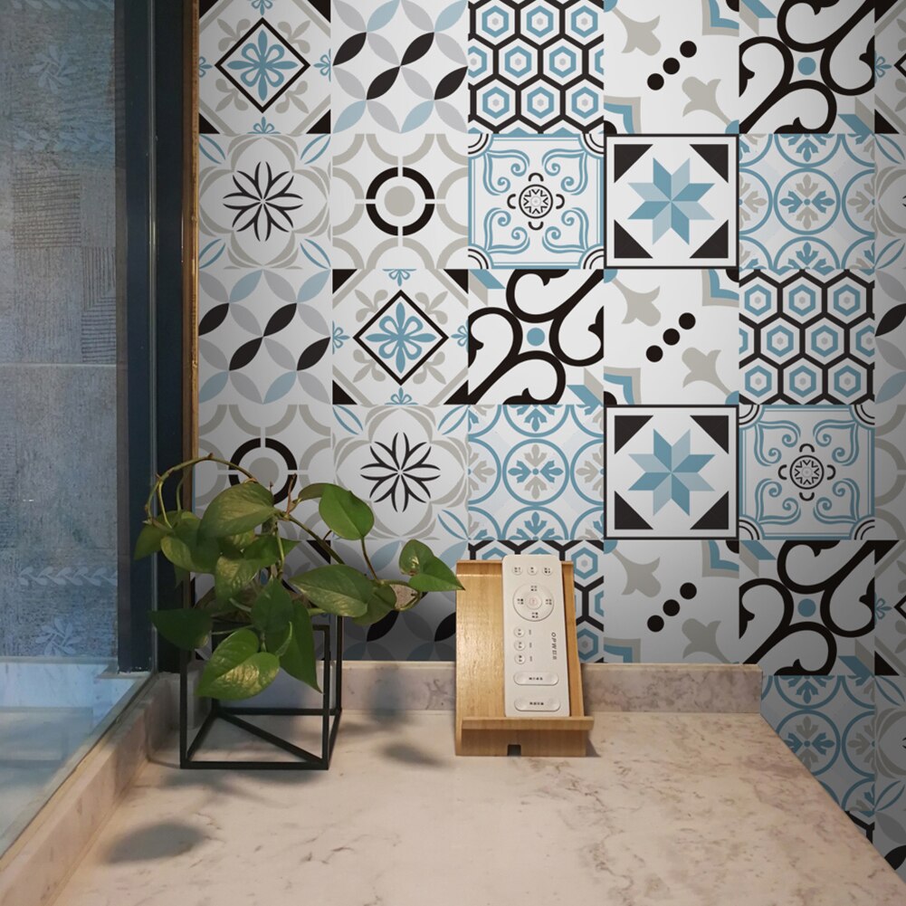 20pcs Title Stickers Waterproof Mosaic Wall Tile Stickers Retro Pattern Tile Floor Stair Sticker Bathroom Kitchen