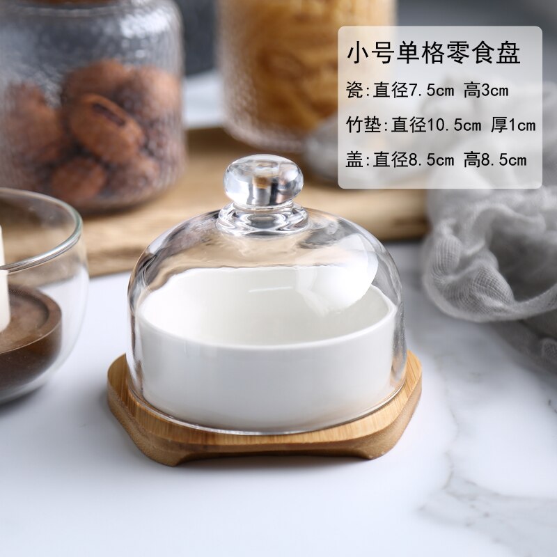 Noord-europese keramische snackschaal, set van 3 met glazen deksel, vershoudschaal voor restaurant, huishouden, taart, dessertschaal: Een --1 -delige