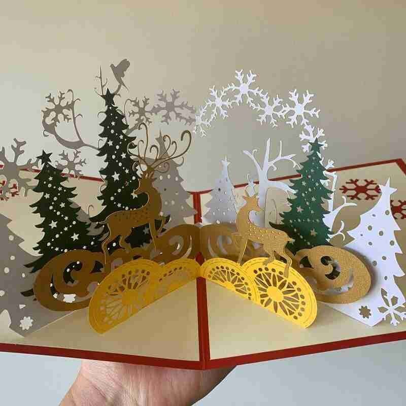 Kerst 3d Wenskaart Xmas Boom Handgemaakte Papier Sculptuur Elanden Zegen Kaart Navidad Thuis Party Tafel Decoratie