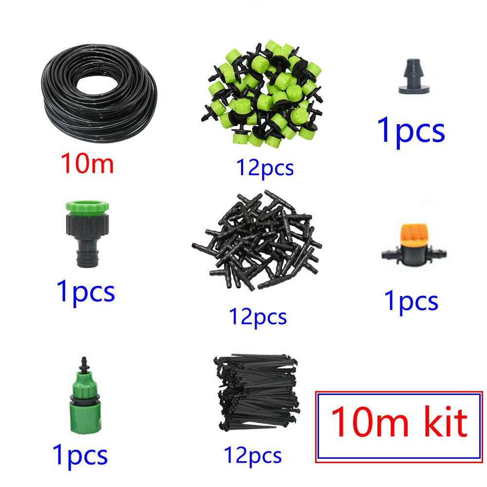 Sistema de riego por microgoteo automático para jardín, kit de autoriego por aspersión de 8 agujeros con gotero verde ajustable, 5-60M, 1/4 pulgadas: 10m