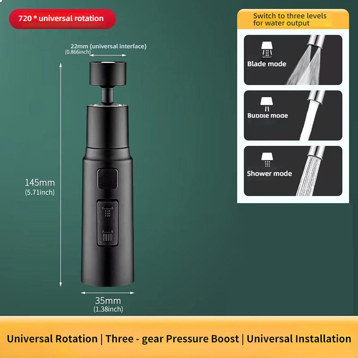 Pulvérisateur universel pour robinet de cuisine, 3 modes de débit d'eau, bulles et lames 720 ° Connecteur G1/2 universel pivotant pour eau chaude et froide: Black