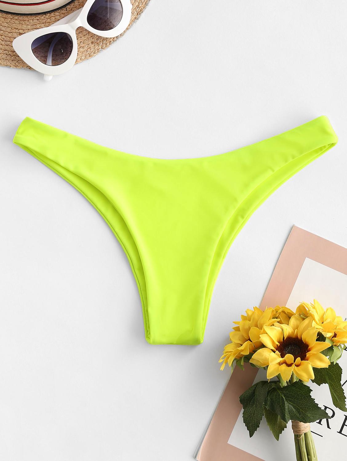 Zaful høj udskæring svømmebund kvinder sexet ensfarvet badedragt shorts sommer strand badedragt bikini trusser: Grøn gul / M