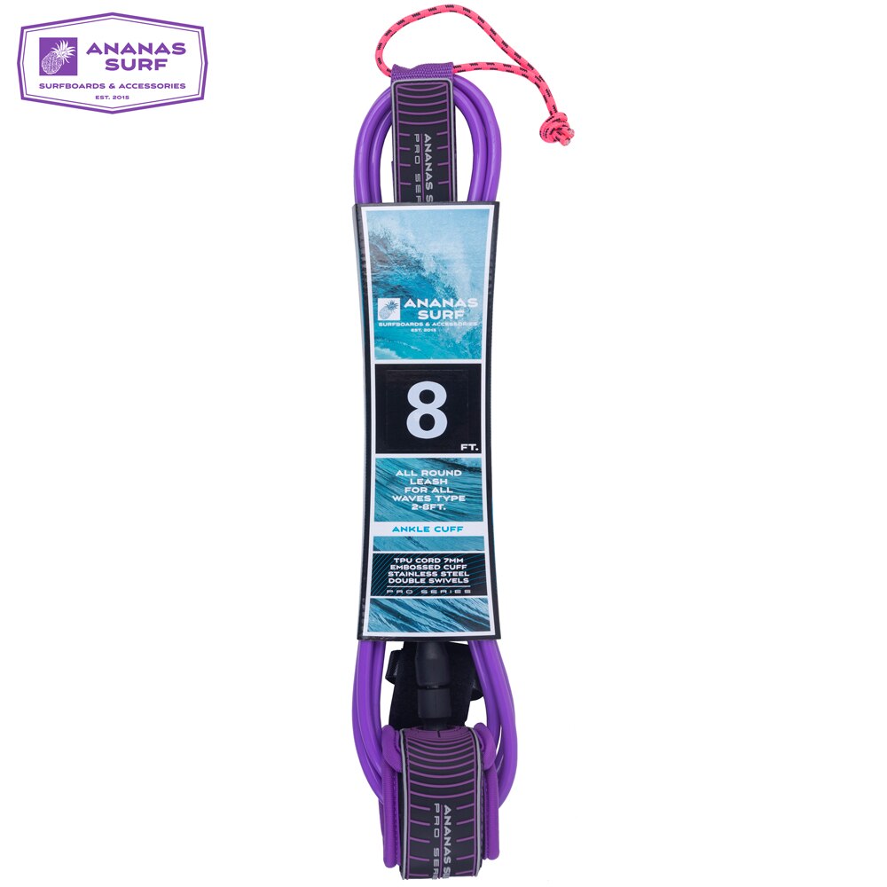 Ananas Surf 8ft. 244 cm. Long Surfboard Leash Ankle Cuff Foot Leg Rope Safety Cord 7mm TPU Double Stainless Swivels: Purple