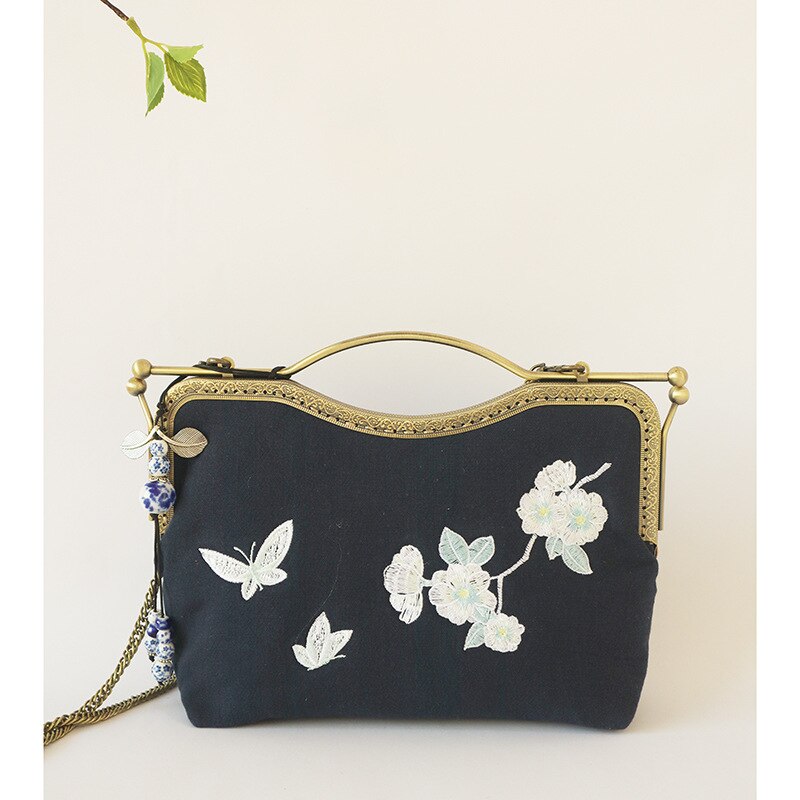 Alasir Original Artsy Bag Chinese Style Bags Vintange Women Handbags Cotton and Linen Crossbody Bags Embroidery Flowers Frame: navy