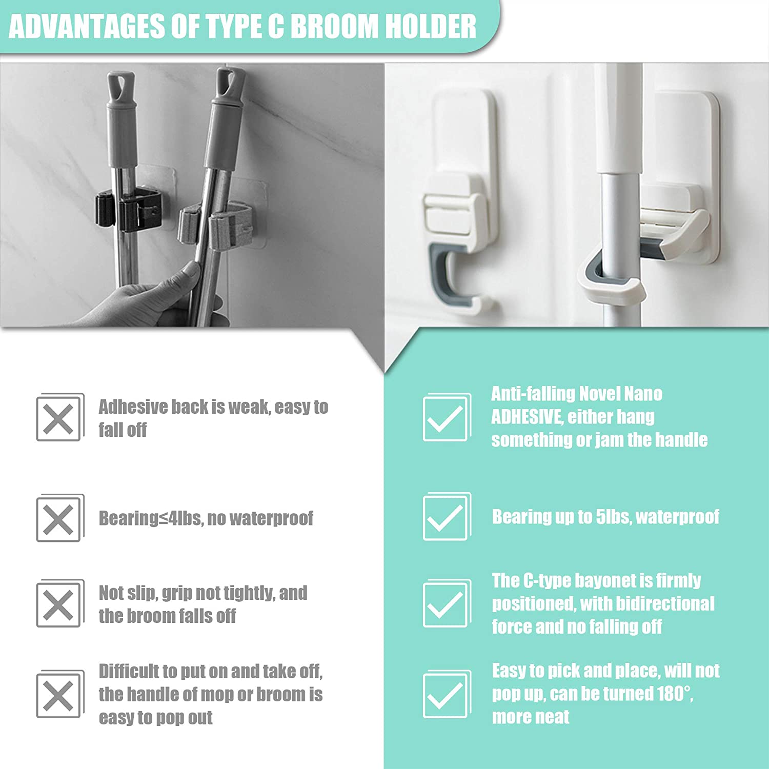 Broom Mop Holder Wall Mount Self-adhesive No Trace Rack Hanger Organizer Garage Kitchen Bathroom Storage Multi-Purpose Hook