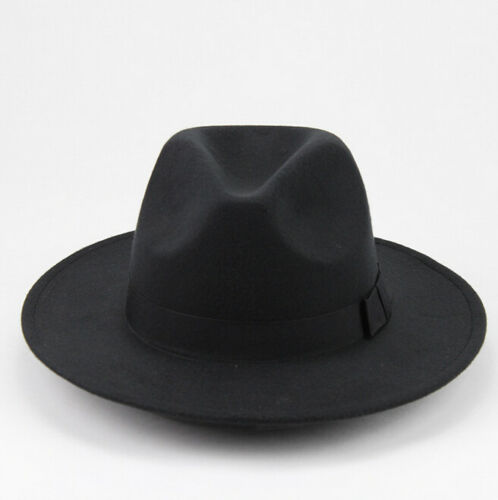 Vintage Men Women fedora derby bowler wool sun-shade brim Belt Felt Hat Wide Brim Fedora Trilby Panama Hat Gangster Cap: Black