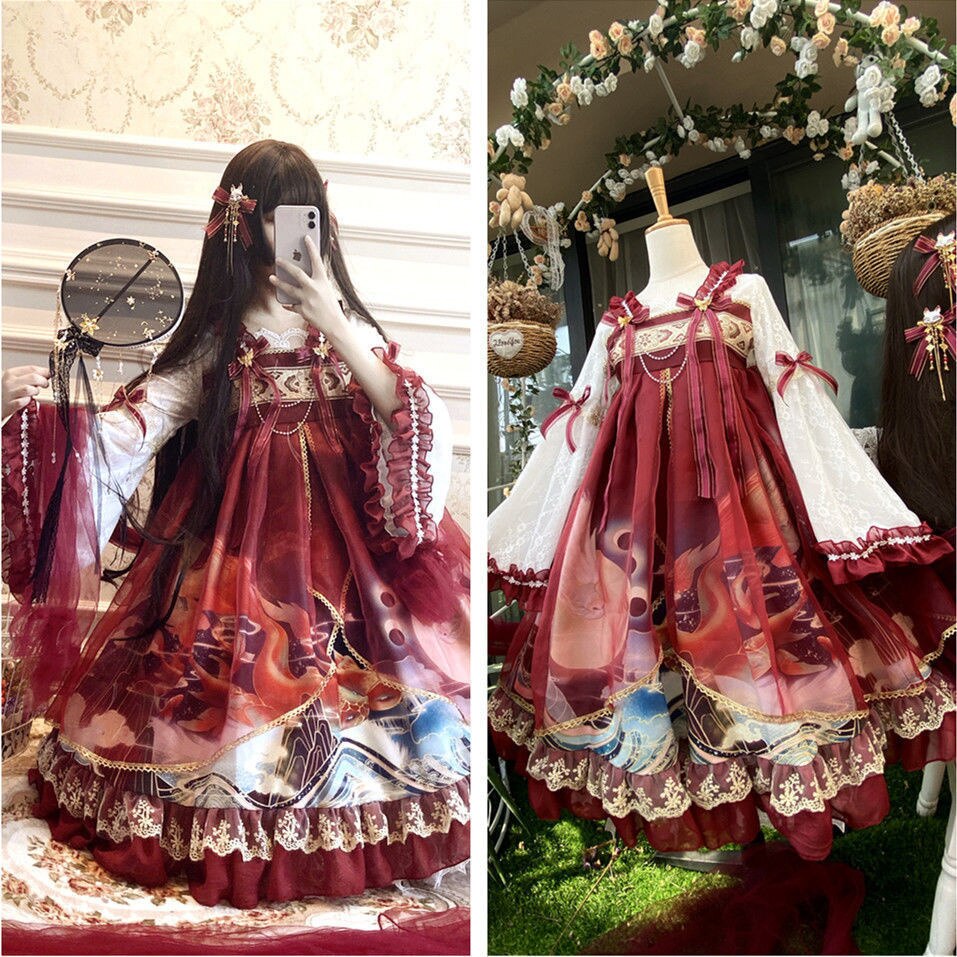 Lolita Year Han Element Chinese Style Dragon Playing With Beads Datang Ru Dress Mesh OP Dress