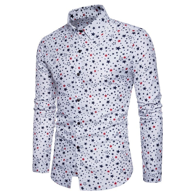 Skjorte med stjerner med print til mænd afslappet herretøj koreansk streetwear langærmede slim fit skjorter hvide top skjorter til mænd  mb14: Hvid / S