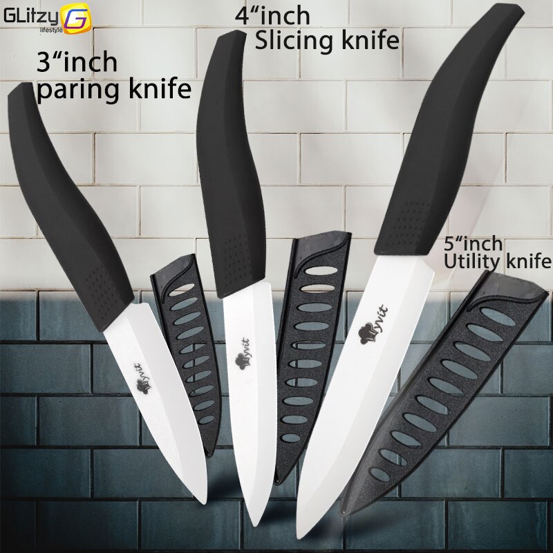 Ceramic Knife 3 4 5 inch Set Zirconia Black Blade Kitchen Chef Knives Three Piece Set Fruit Vegetable Color Anti-Slip Handle: 345 WHITE BLACK