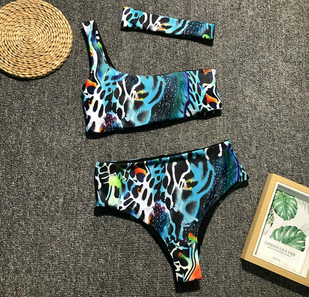 Sommer strand leopardprint dame badekostume én skulder højtaljet bikini sæt badetøj badedragt badedragt strandtøj: Blå / L