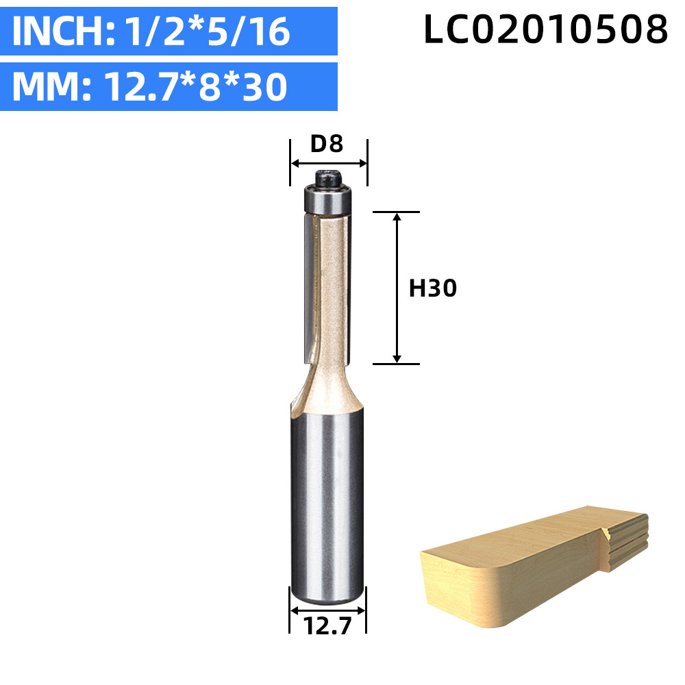 LIDIAO 1pc 1/2 ''1/4'' Schacht Langdurig trimmen beetje met lager Houtbewerking router bit 2 fluit straight bit frees: 12.7x8x30 mm