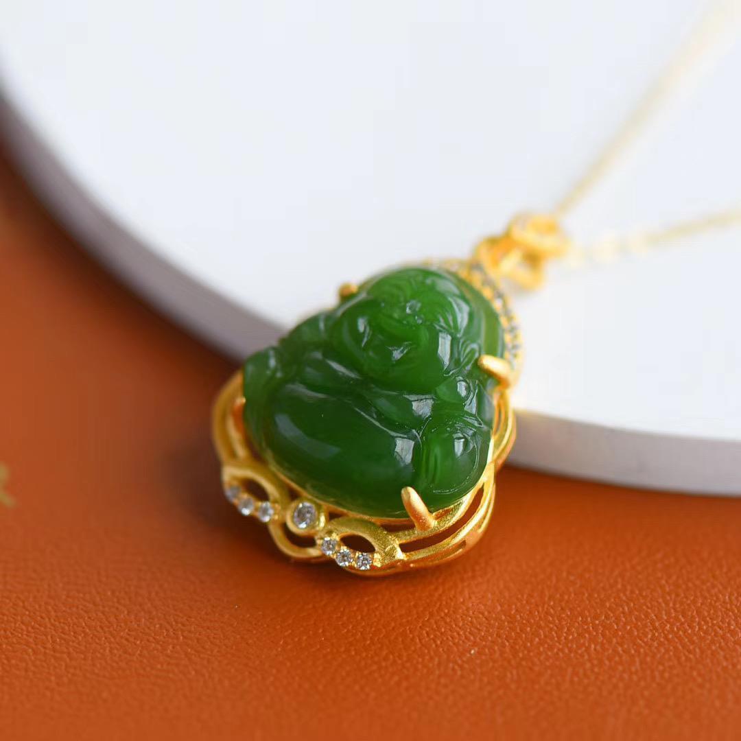 Selected Natural Hetian Jade Green Jade Small Maitreya Smiling Buddha Pendant S925 Sterling Silver Necklace for