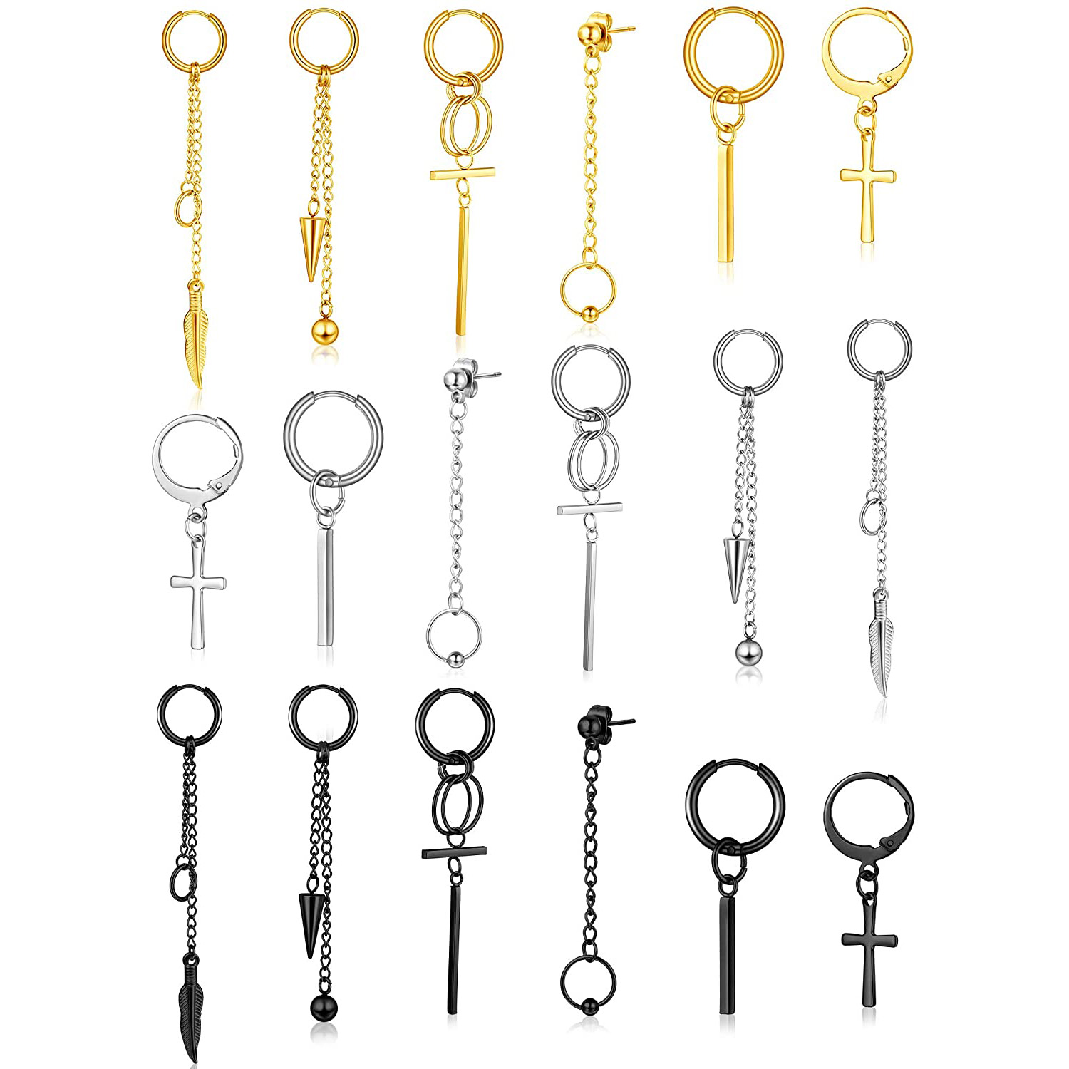 Pendientes de aro con bisagras para hombre, aretes colgantes de acero inoxidable, aretes colgantes de cadena larga con pluma L, 1 pieza