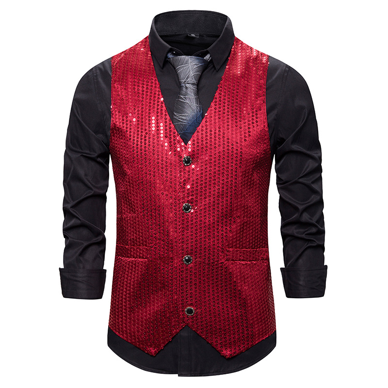 Herenkleding herfst toevallige enkele breasted straight vest jeugd stage kostuums kleine pailletten als zanger MC vest: red / L