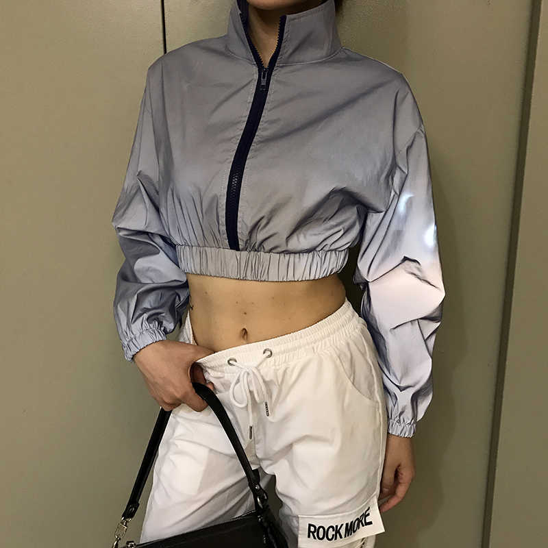 Weekeep streetwewar cropped reflekterende jakke kvinder løs pullover lynlås turn down krave jakker elastisk talje bomber jakke: S
