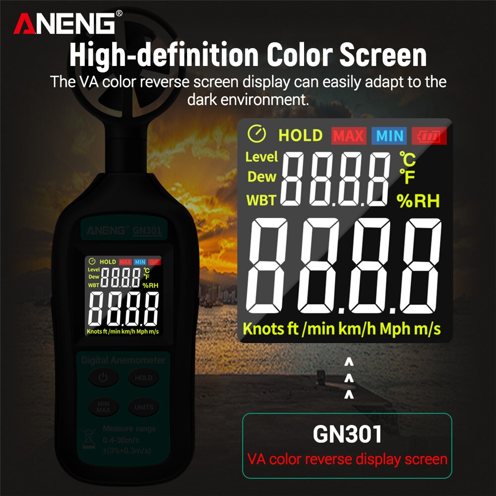 Handheld Digital Anemometer High Precise Wind Sensor Tachometer Speed/Temperature Meter Digital Meteorograph with LCD Backlight