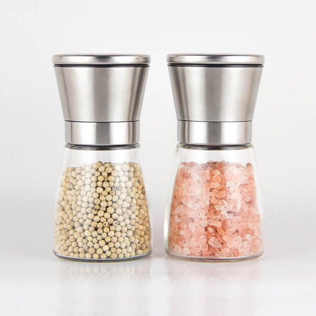 Konco 2 st saltpepparkvarnshakers, pepparkryddkvarnar i rostfritt stål med justerbar keramik med glaskropp: 1 set (medium)