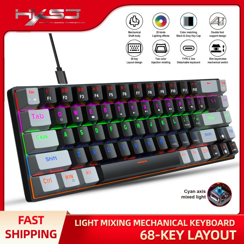 68-key mechanical gaming keyboard mini keyboard with multiple backlight modes, multiple key combination key