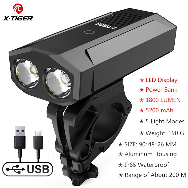 X-TIGER Bike Light 1800 Lumens MTB Road Bike Front Lamp Bike Accessories Rainproof USB Rechargeable LED Bike Flashlight: QD-1101