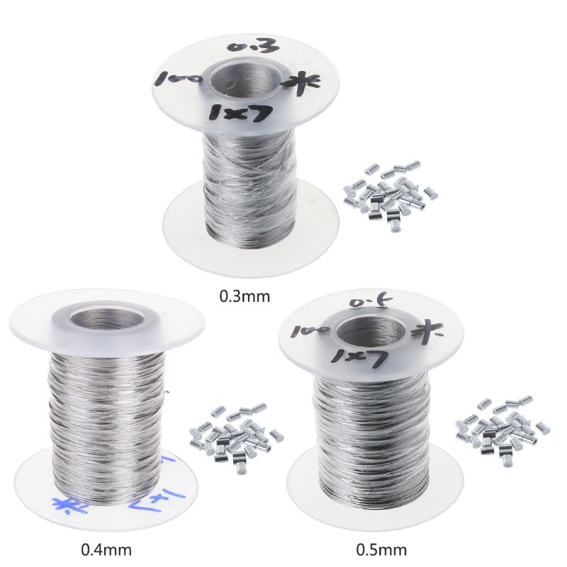 100m 304 Cable de acero inoxidable de pesca Cable de elevación 1 × 7 tendedero con 30 casquillos de aluminio B0KC