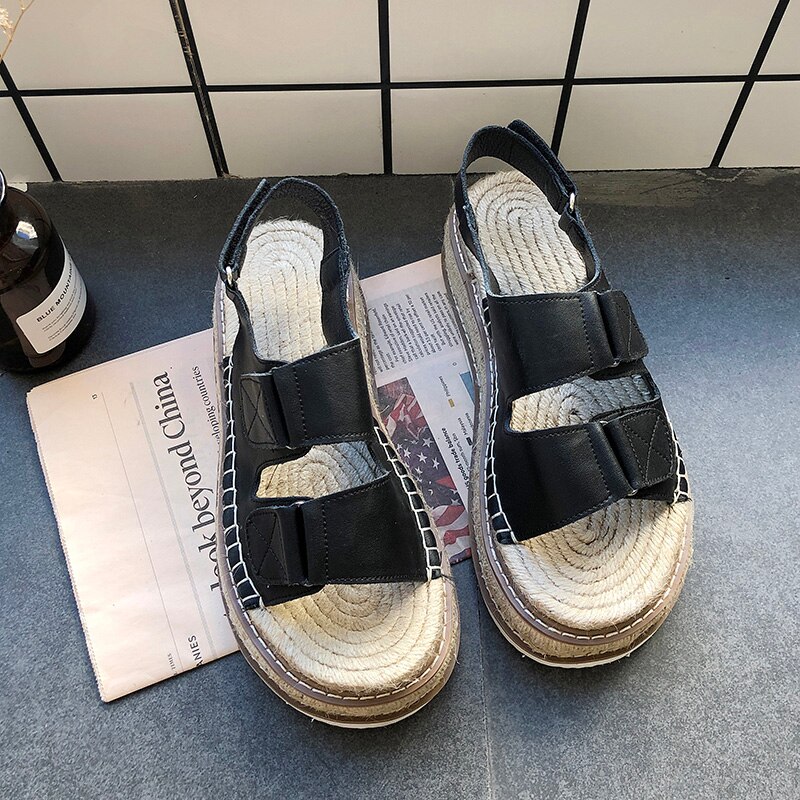 YEELOCA Sommer Neue Leinen Einlegesohle Offene spitze Leder Sandalen Hanf Plattform Sandalen Frauen Schuhe Fischer Haken & Schleife alias Mujer: schwarz / 35