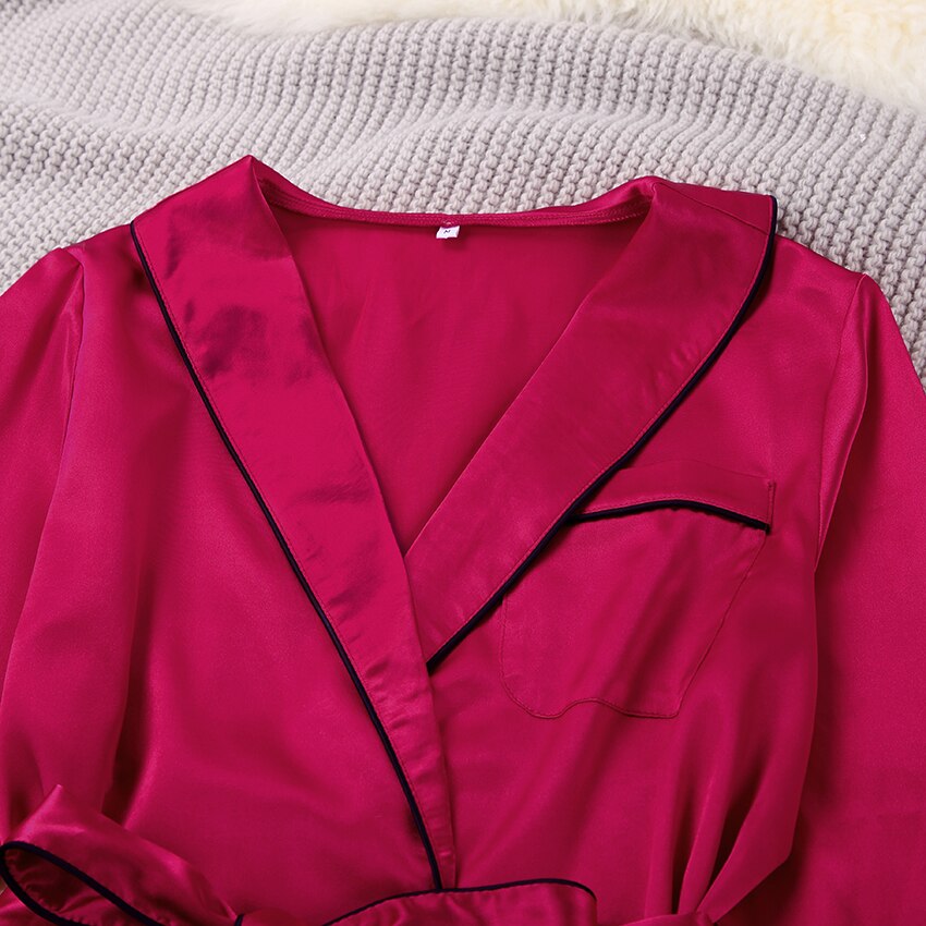 HECHAN Red Satin Pajamas Women Two Piece Set Long Sleeve Robes Pants Patchwork Female Sleepwear Casual Home Wear Suits Winter