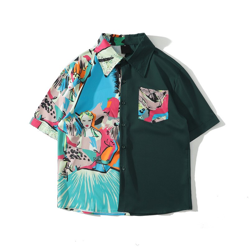 Mørkt ikon patchwork hawaiisk skjorte mænd turn-down krave sommer mand tøj – Grandado