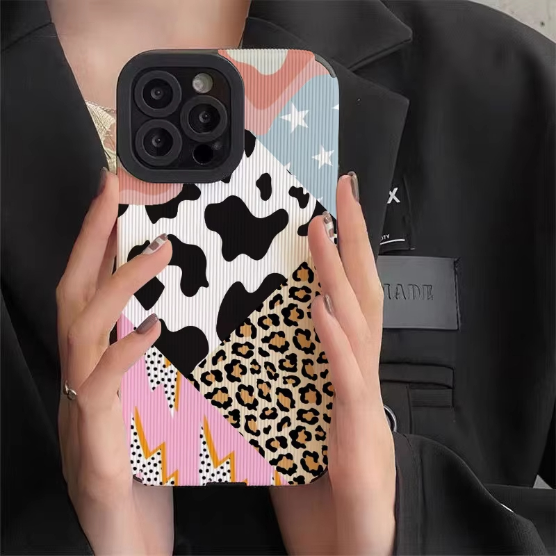 Bonita funda de teléfono de silicona de cuero de vaca de leopardo creativa INS para Apple iPhone 15 12 13 14 11 Pro Max, fundas de mujer a prueba de golpes