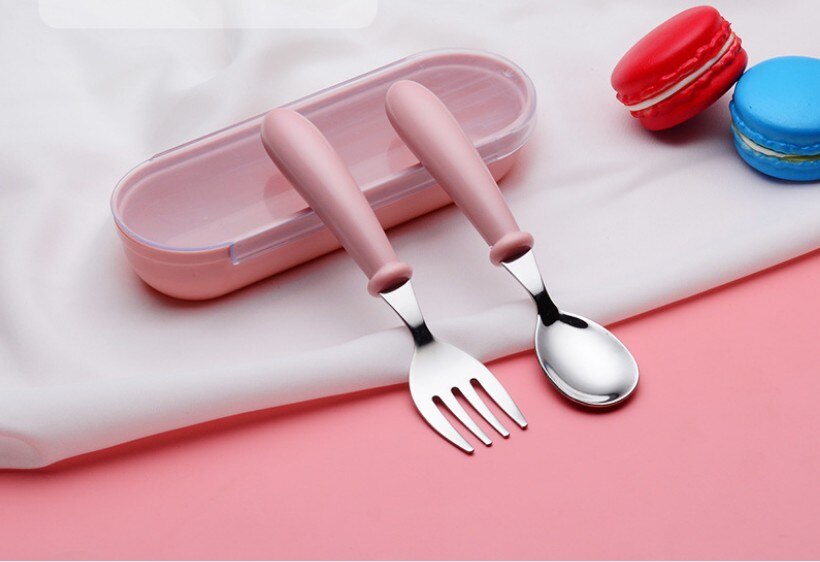 Zestaw sztućców dla dzieci ze stali nierdzewnej, łatwy w użyciu, 304 szt., widelec i łyżka, 2 szt., w jednolitym kolorze, łatwy w użyciu, w pudełku
