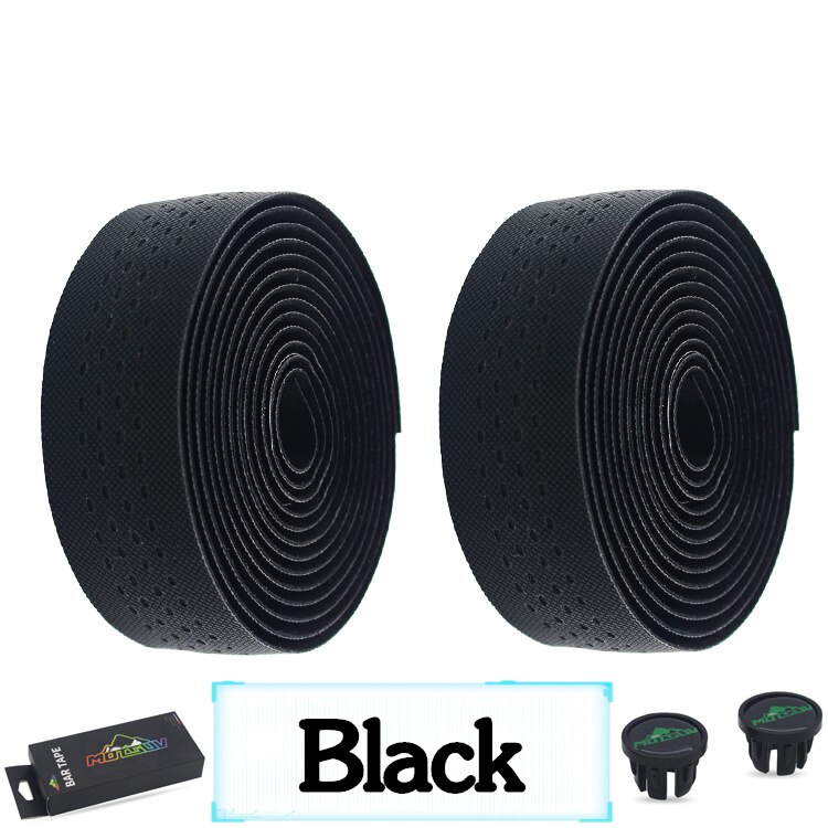 MOTSUV-Cinta de corcho para manillar de bicicleta de carretera, suave, PU, envoltura antivibración con 2 enchufes: Negro