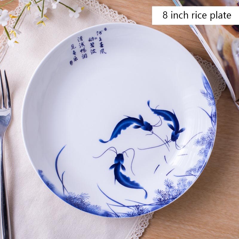 8/10inch Jingdezhen Plate Ceramic Bone china Dinner Plates Fish Pattern Decoration Dish Round Fruit Saucer Tableware Dinnerware: D