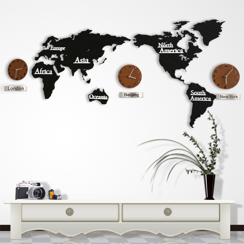 3D World Map Large Wall Clock DIY Wooden MDF Digital Wall Clock wood watch Modern European Style Round Mute relogio de parede