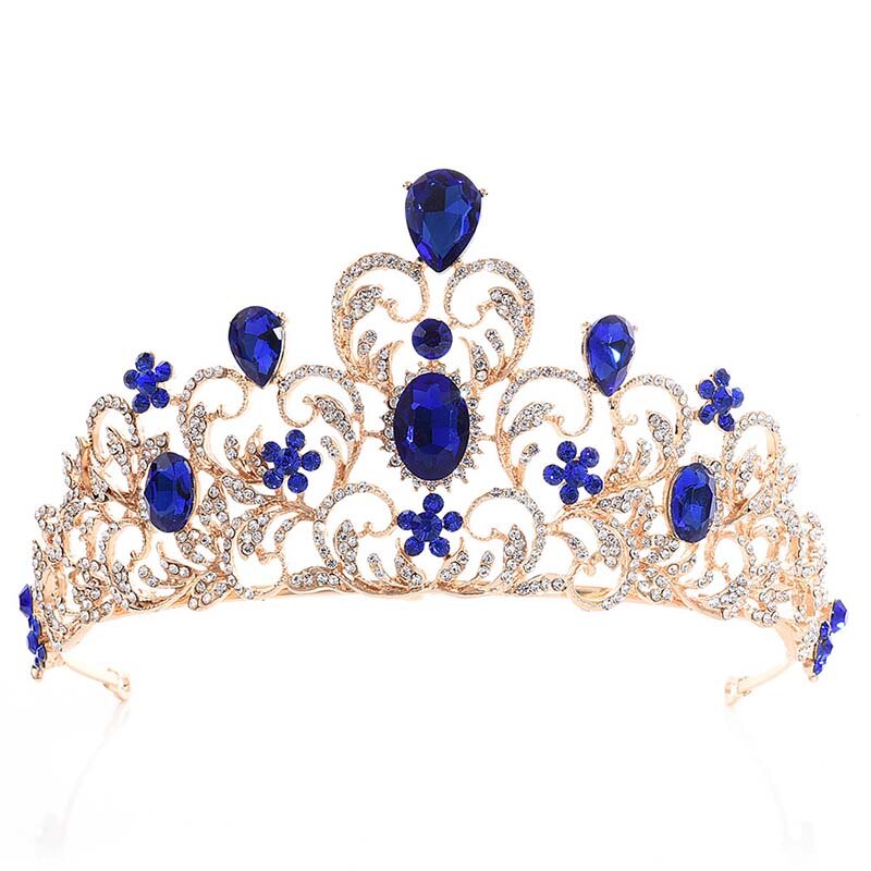 Frauen Luxus Strass Blume Tiara Braut Crown Hochzeit Braut Silber Farbe Kristall Hohl Große Krone Diadem Haar Zubehör JL: blue