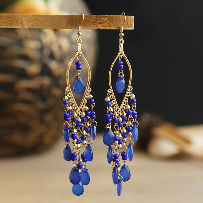 Boho Colorful Resin Beads Tassel Dangle Earrings for Women Long Bohemia Acrylic Earrings Jewelry Accessories: E1800-Sapphire