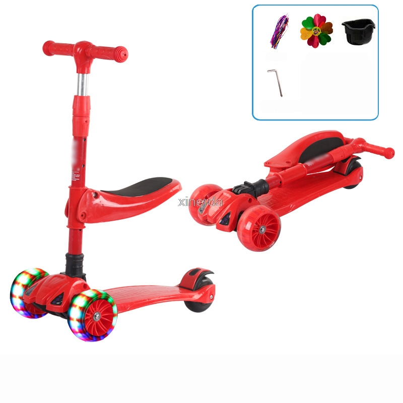 3 In 1 Kid Adjustable Kick Scooter Foldable Seat Flashing 3 wheels Step Scooters Children City Roller Skateboard For Kids: red