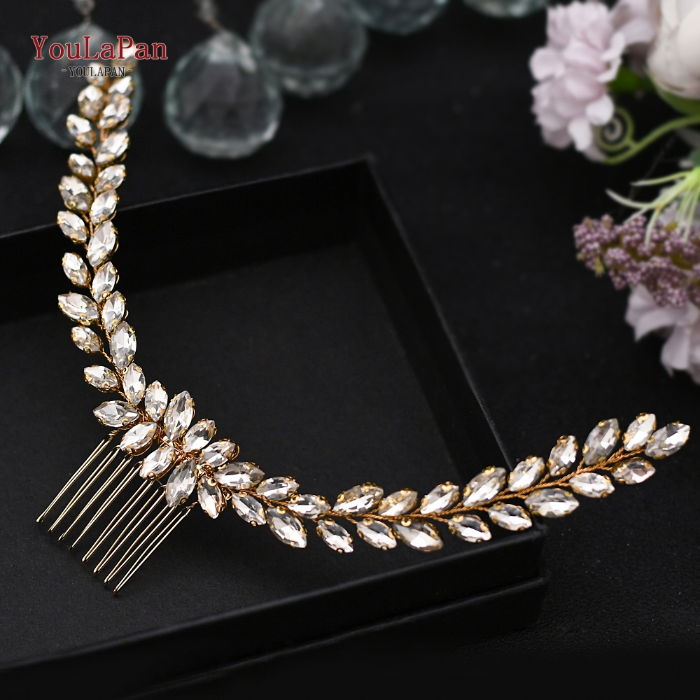 Topqueen-acessórios de cabelo hp301, estilo indiano, para noivado, fabricado em liga de flores, coroa e tiaras, prata, para casamento: HP339-Gold