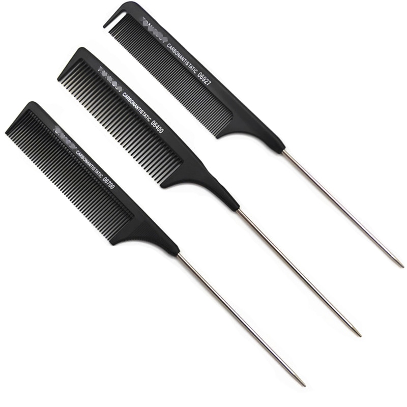 Peine de pelo liso negro con pasador de Metal, antiestático, cola de rata, herramienta de peinado para belleza, 1 Uds.
