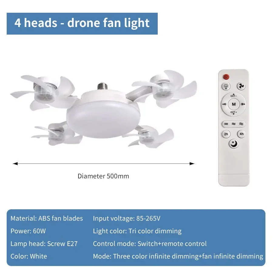 LED-Deckenventilatorleuchten E27 mit Fernbedienung, 3 Farbtemperaturen, dimmbar, verstellbarer Ventilatorwinkel, energiesparendes Ventilatorlicht für Höhle Sommer: Weiß