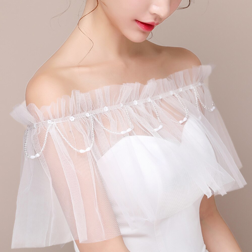 Scialle da sposa con scollo a barchetta in avorio da donna elegante scialle con volant in rilievo con nastro e nappa Sexy Tulle trasparente con stola sulla spalla