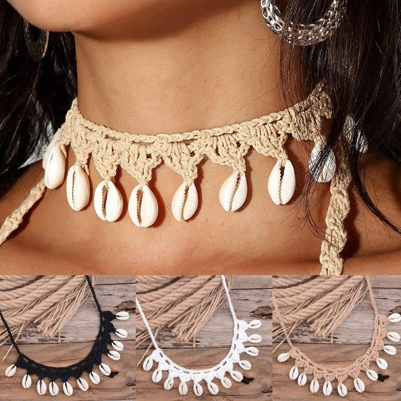 Collar de conchas bohemias para mujer, Gargantilla de cadena de cuerda tejida a mano, collares de cuentas de playa de verano, joyería
