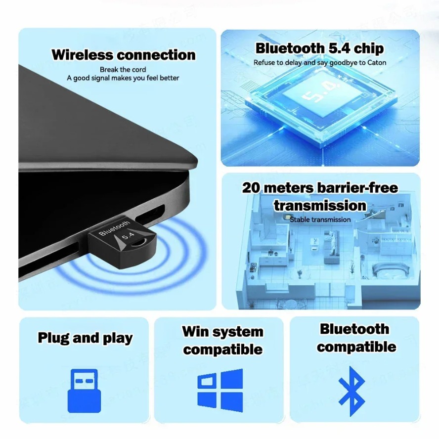 USB Adapter BT5.4 Receiver Transmitter for Pc USB Bluetooth 5.3 5.1 Dongle Receiver for Speaker Mouse Keyboard Audio Transmitter